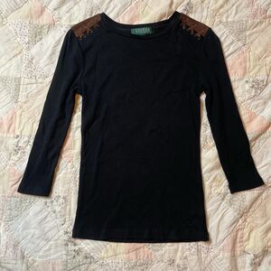 ralph lauren grunge y2k black 3/4 sleeve shirt with suede lace up detail size xs